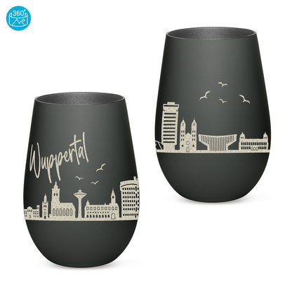 Hochwertiges Glas Windlicht mit Gravur "SKYLINE WUPPERTAL" in der Farbe Schwarz/Silber