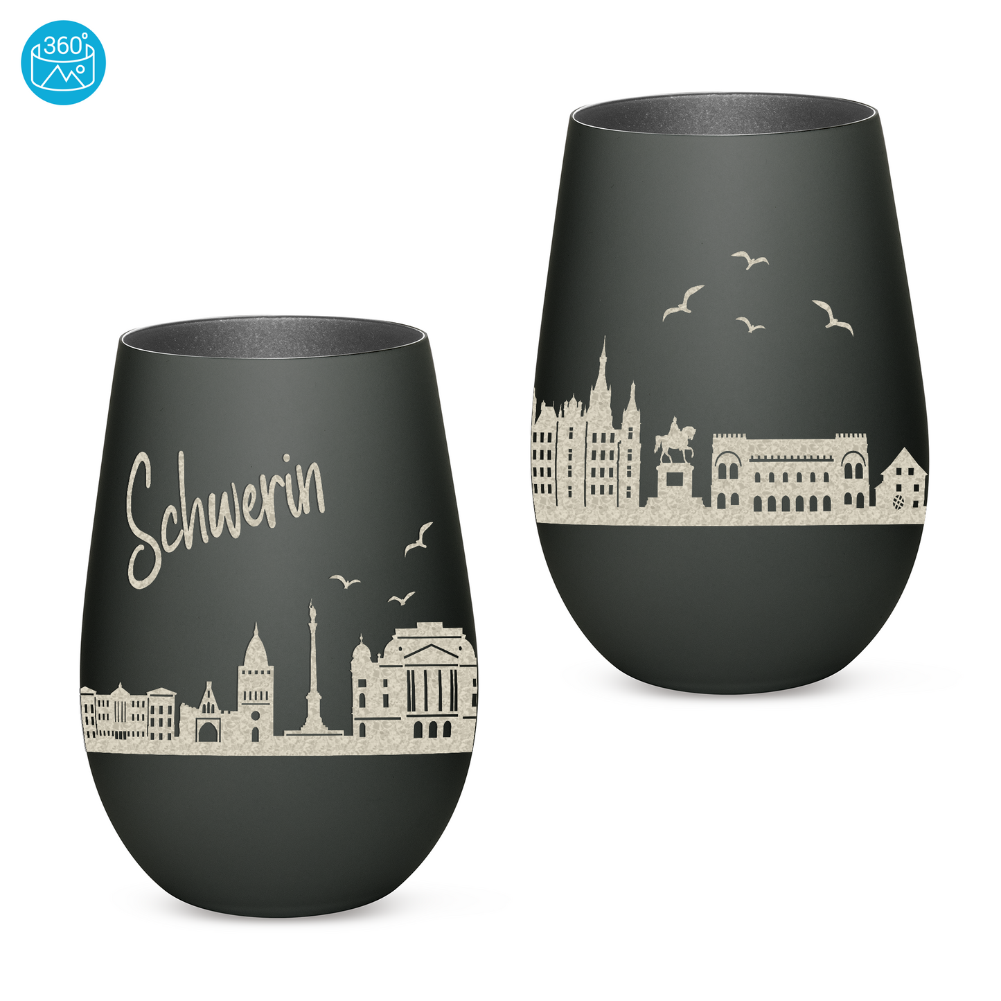 Hochwertiges Glas Windlicht mit Gravur "SKYLINE SCHWERIN" in der Farbe Schwarz/Silber