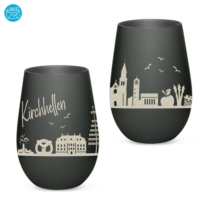 Hochwertiges Glas Windlicht mit Gravur "SKYLINE KIRCHHELLEN" in der Farbe Schwarz/Silber