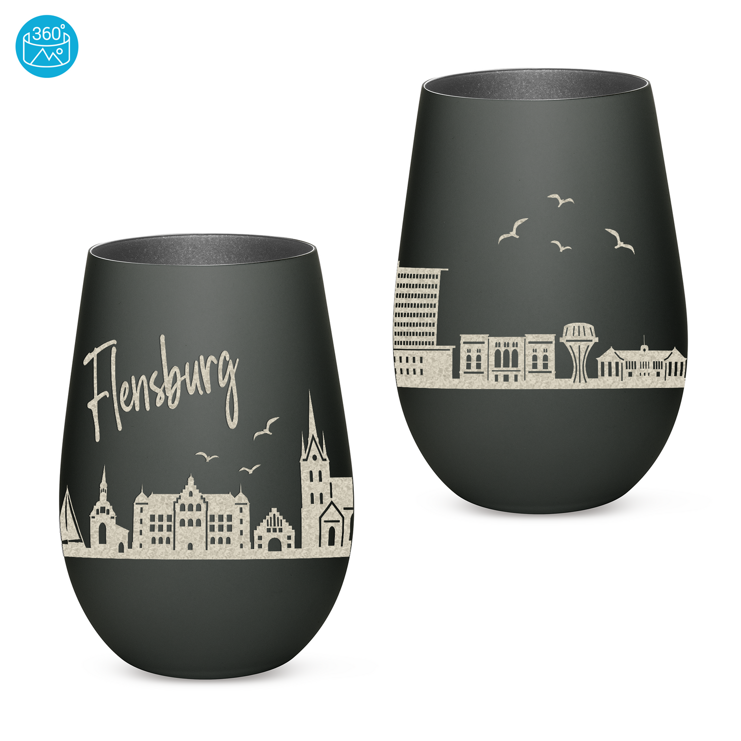 Hochwertiges Glas Windlicht mit Gravur "SKYLINE FLENSBURG" in der Farbe Schwarz/Silber