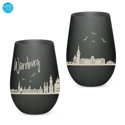Hochwertiges Glas Windlicht mit Gravur "SKYLINE WÜRZBURG" in der Farbe Schwarz/Silber