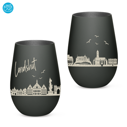 Hochwertiges Glas Windlicht mit Gravur "SKYLINE LANDSHUT" in der Farbe Schwarz/Silber