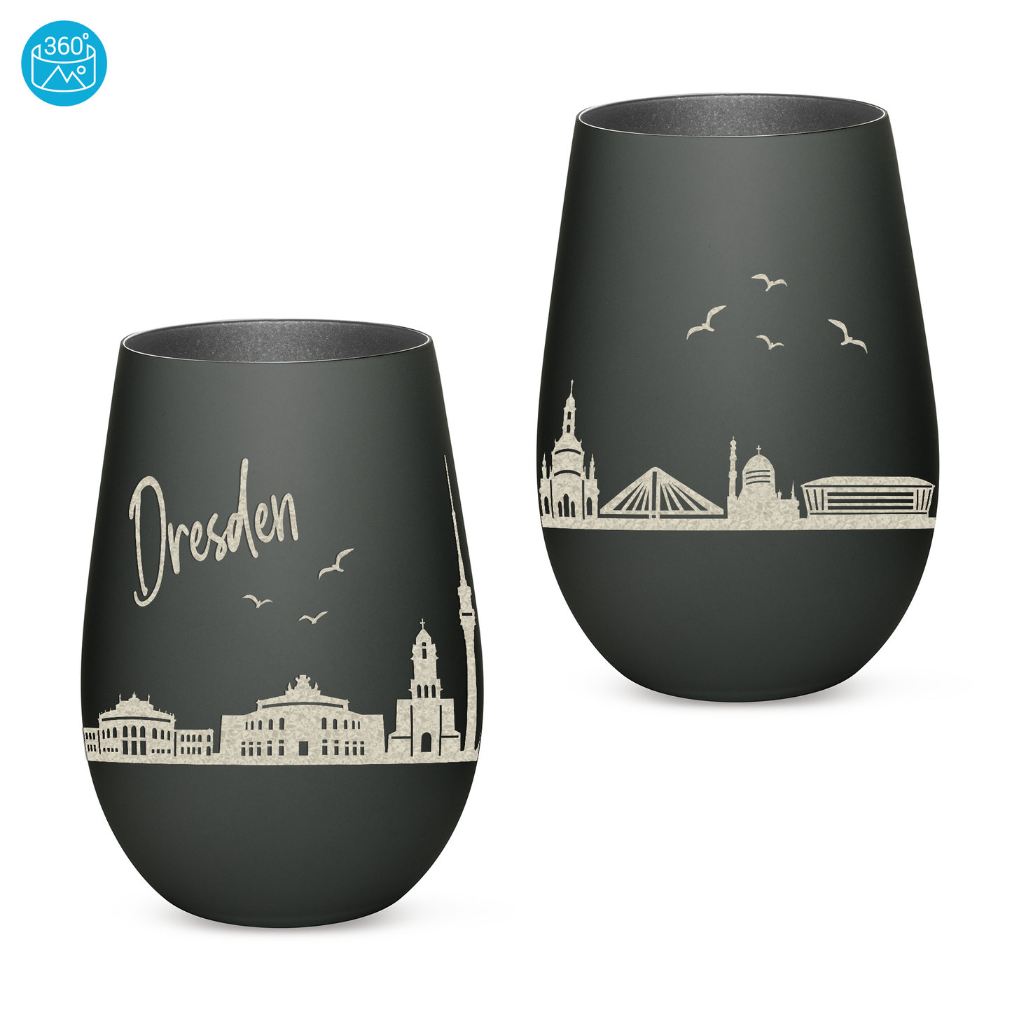 Hochwertiges Glas Windlicht mit Gravur "SKYLINE DRESDEN" in der Farbe Schwarz/Silber