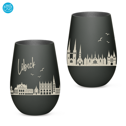 Hochwertiges Glas Windlicht mit Gravur "SKYLINE LÜBECK" in der Farbe Schwarz/Silber