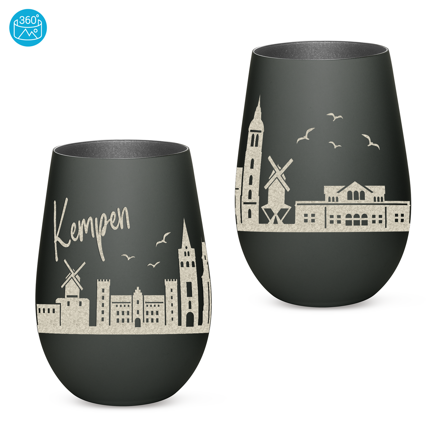Hochwertiges Glas Windlicht mit Gravur "SKYLINE KEMPEN" in der Farbe Schwarz/Silber