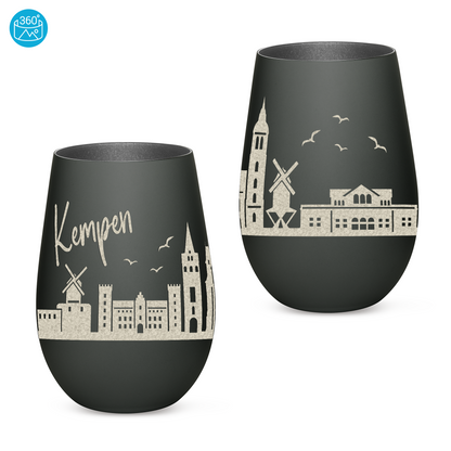 Hochwertiges Glas Windlicht mit Gravur "SKYLINE KEMPEN" in der Farbe Schwarz/Silber