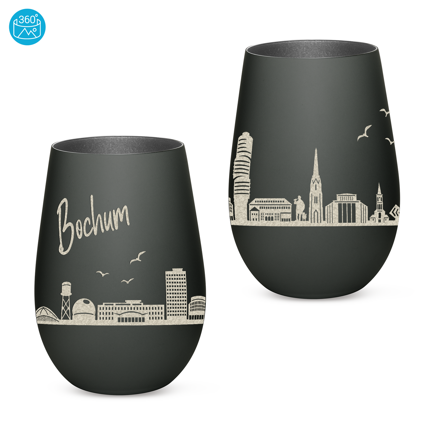 Hochwertiges Glas Windlicht mit Gravur "SKYLINE BOCHUM" in der Farbe Schwarz/Silber
