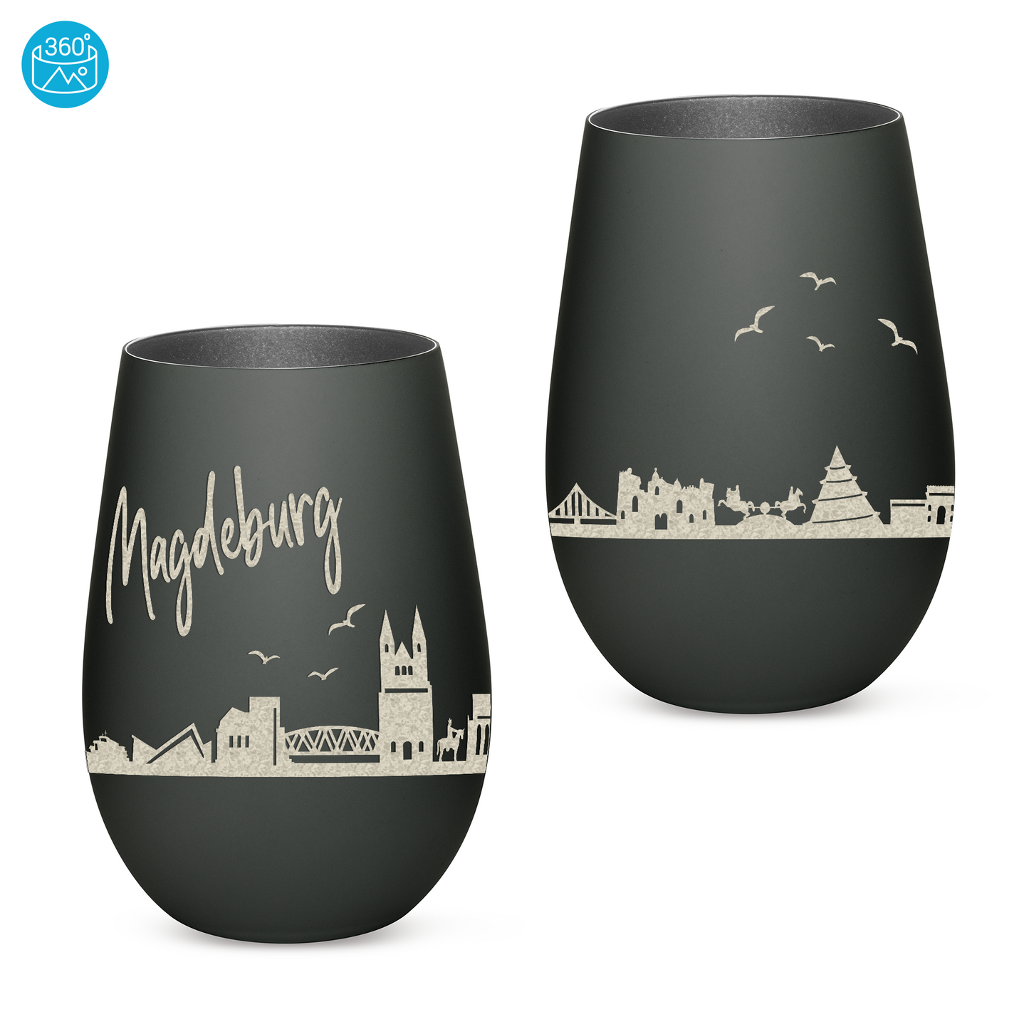 Hochwertiges Glas Windlicht mit Gravur "SKYLINE MAGDEBURG" in der Farbe Schwarz/Silber