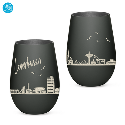 Hochwertiges Glas Windlicht mit Gravur "SKYLINE LEVERKUSEN" in der Farbe Schwarz/Silber