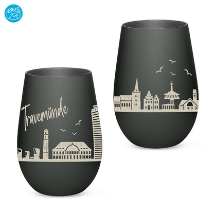 Hochwertiges Glas Windlicht mit Gravur "SKYLINE TRAVEMÜNDE" in der Farbe Schwarz/Silber