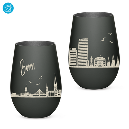 Hochwertiges Glas Windlicht mit Gravur "SKYLINE BONN" in der Farbe Schwarz/Silber