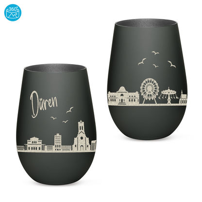 Hochwertiges Glas Windlicht mit Gravur "SKYLINE DÜREN" in der Farbe Schwarz/Silber