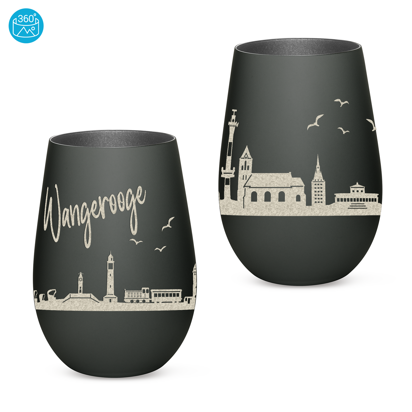 Hochwertiges Glas Windlicht mit Gravur "SKYLINE WANGEROOGE" in der Farbe Schwarz/Silber