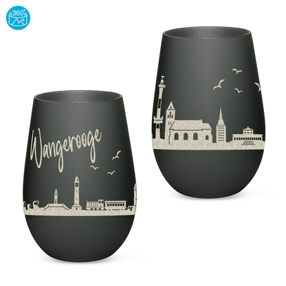 Hochwertiges Glas Windlicht mit Gravur "SKYLINE WANGEROOGE" in der Farbe Schwarz/Silber