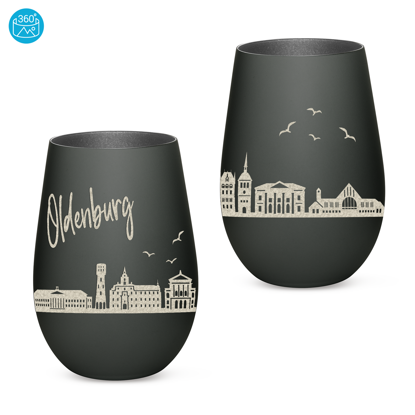 Hochwertiges Glas Windlicht mit Gravur "SKYLINE OLDENBURG" in der Farbe Schwarz/Silber