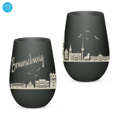 Hochwertiges Glas Windlicht mit Gravur "SKYLINE BRAUNSCHWEIG" in der Farbe Schwarz/Silber
