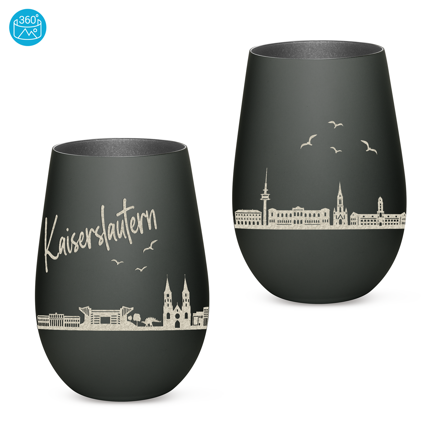 Hochwertiges Glas Windlicht mit Gravur "SKYLINE KAISERSLAUTERN" in der Farbe Schwarz/Silber