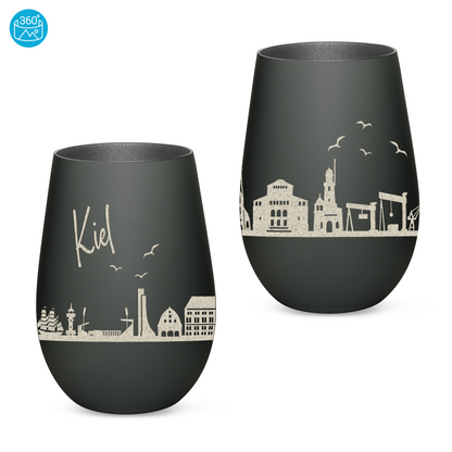 Hochwertiges Glas Windlicht mit Gravur "SKYLINE KIEL" in der Farbe Schwarz/Silber