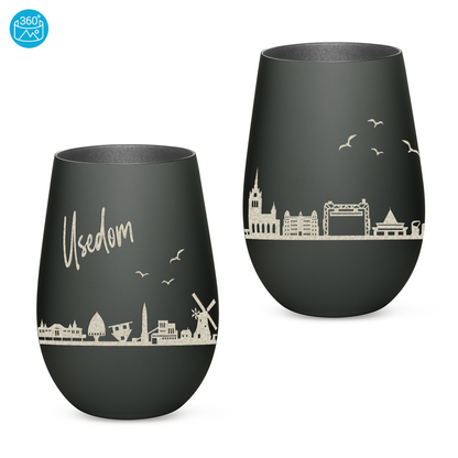 Hochwertiges Glas Windlicht mit Gravur "SKYLINE USEDOM" in der Farbe Schwarz/Silber