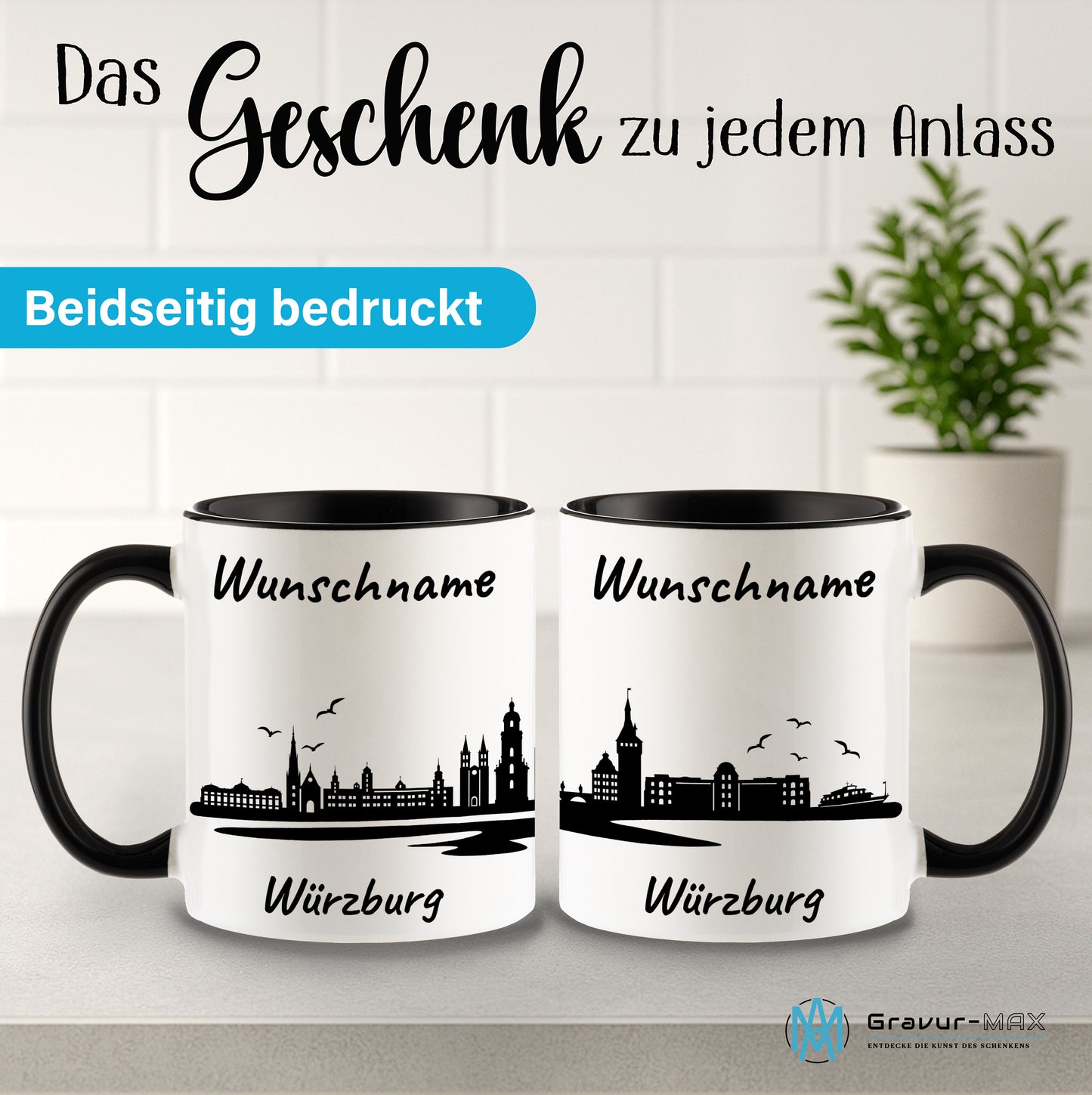 Tasse in Schwarz 330ml bedruckt mit der Skyline von Würzburg personalisierbar mit Wunschname