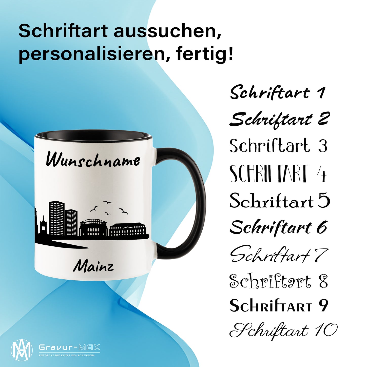 Tasse in Schwarz 330ml bedruckt mit der Skyline von Mainz personalisierbar mit Wunschname