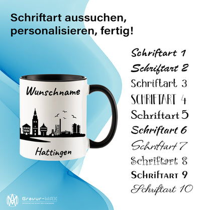 Tasse in Schwarz 330ml bedruckt mit der Skyline von Hattingen personalisierbar mit Wunschname