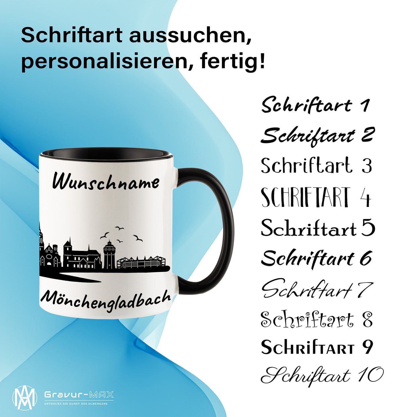 Tasse in Schwarz 330ml bedruckt mit der Skyline von Mönchengladbach personalisierbar mit Wunschname