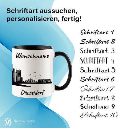 Tasse in Schwarz 330ml bedruckt mit der Skyline von Düsseldorf personalisierbar mit Wunschname