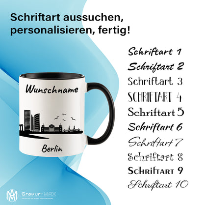 Tasse in Schwarz 330ml bedruckt mit der Skyline von Berlin personalisierbar mit Wunschname