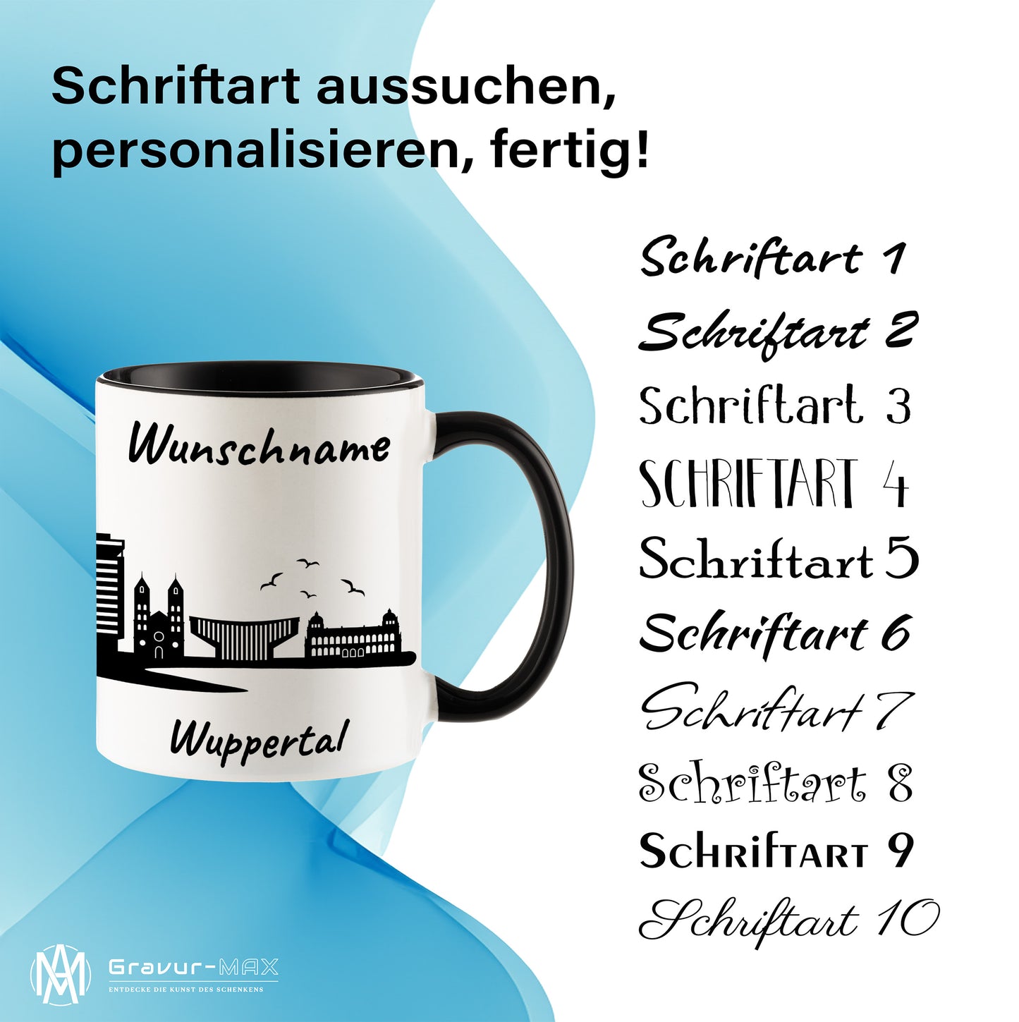 Tasse in Schwarz 330ml bedruckt mit der Skyline von Wuppertal personalisierbar mit Wunschname
