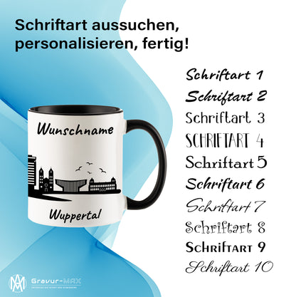 Tasse in Schwarz 330ml bedruckt mit der Skyline von Wuppertal personalisierbar mit Wunschname