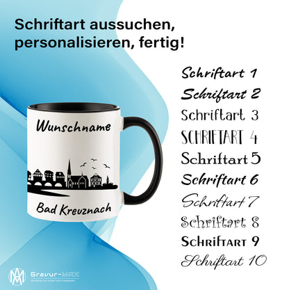 Tasse in Schwarz 330ml bedruckt mit der Skyline von Bad Kreuznach personalisierbar mit Wunschname