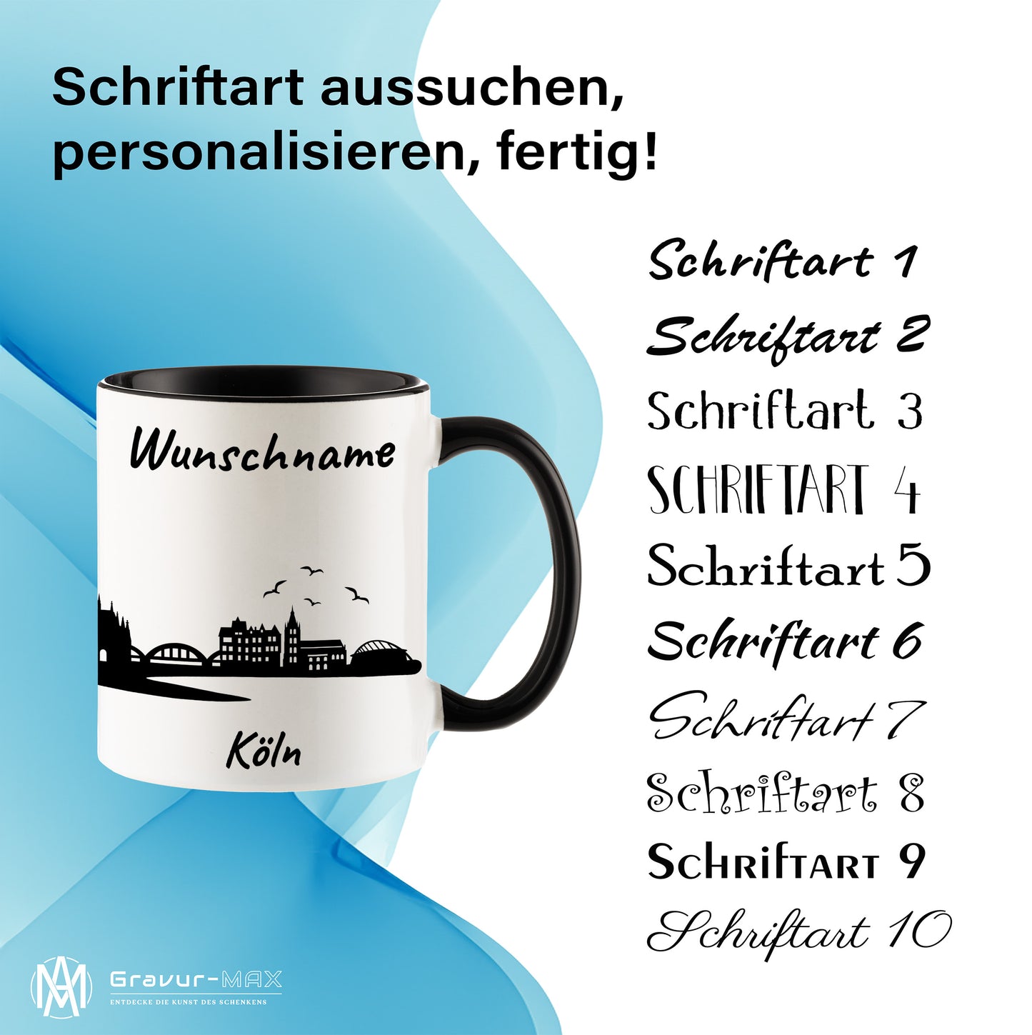 Tasse in Schwarz 330ml bedruckt mit der Skyline von Köln personalisierbar mit Wunschname