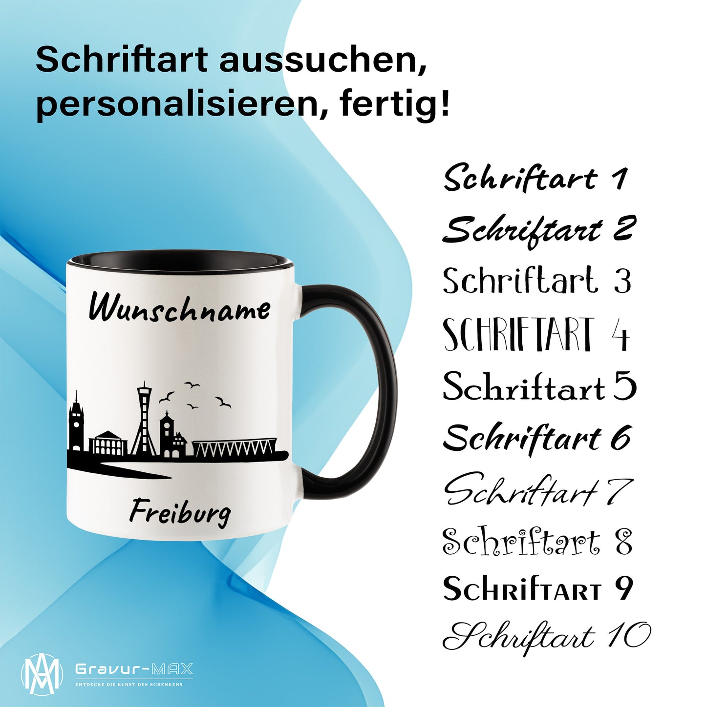 Tasse in Schwarz 330ml bedruckt mit der Skyline von Freiburg personalisierbar mit Wunschname