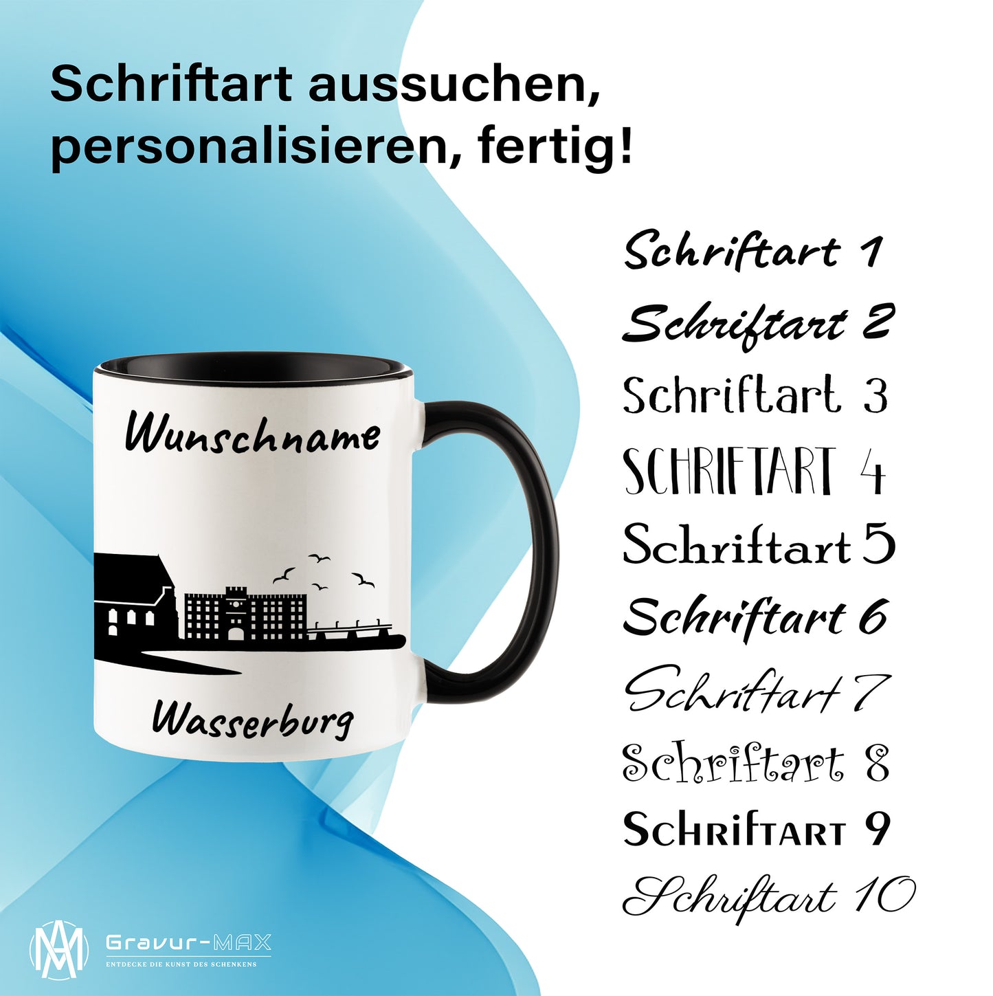 Tasse in Schwarz 330ml bedruckt mit der Skyline von Wasserburg personalisierbar mit Wunschname