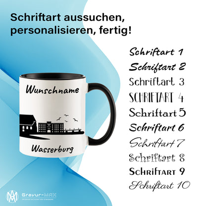 Tasse in Schwarz 330ml bedruckt mit der Skyline von Wasserburg personalisierbar mit Wunschname