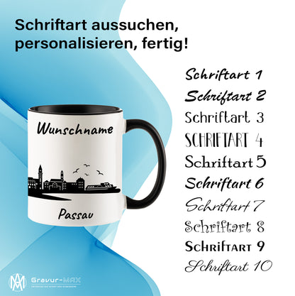 Tasse in Schwarz 330ml bedruckt mit der Skyline von Passau personalisierbar mit Wunschname
