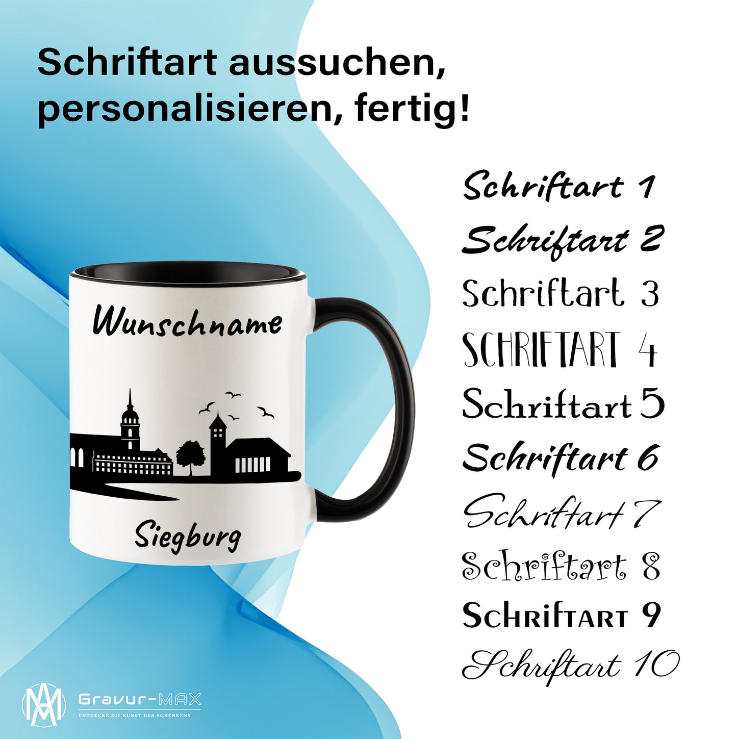Tasse in Schwarz 330ml bedruckt mit der Skyline von Siegburg personalisierbar mit Wunschname