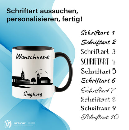 Tasse in Schwarz 330ml bedruckt mit der Skyline von Siegburg personalisierbar mit Wunschname