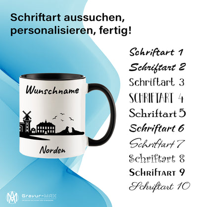 Tasse in Schwarz 330ml bedruckt mit der Skyline von Norden personalisierbar mit Wunschname