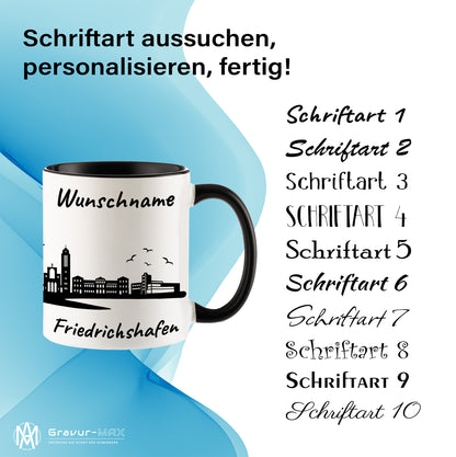 Tasse in Schwarz 330ml bedruckt mit der Skyline von Friedrichshafen personalisierbar mit Wunschname