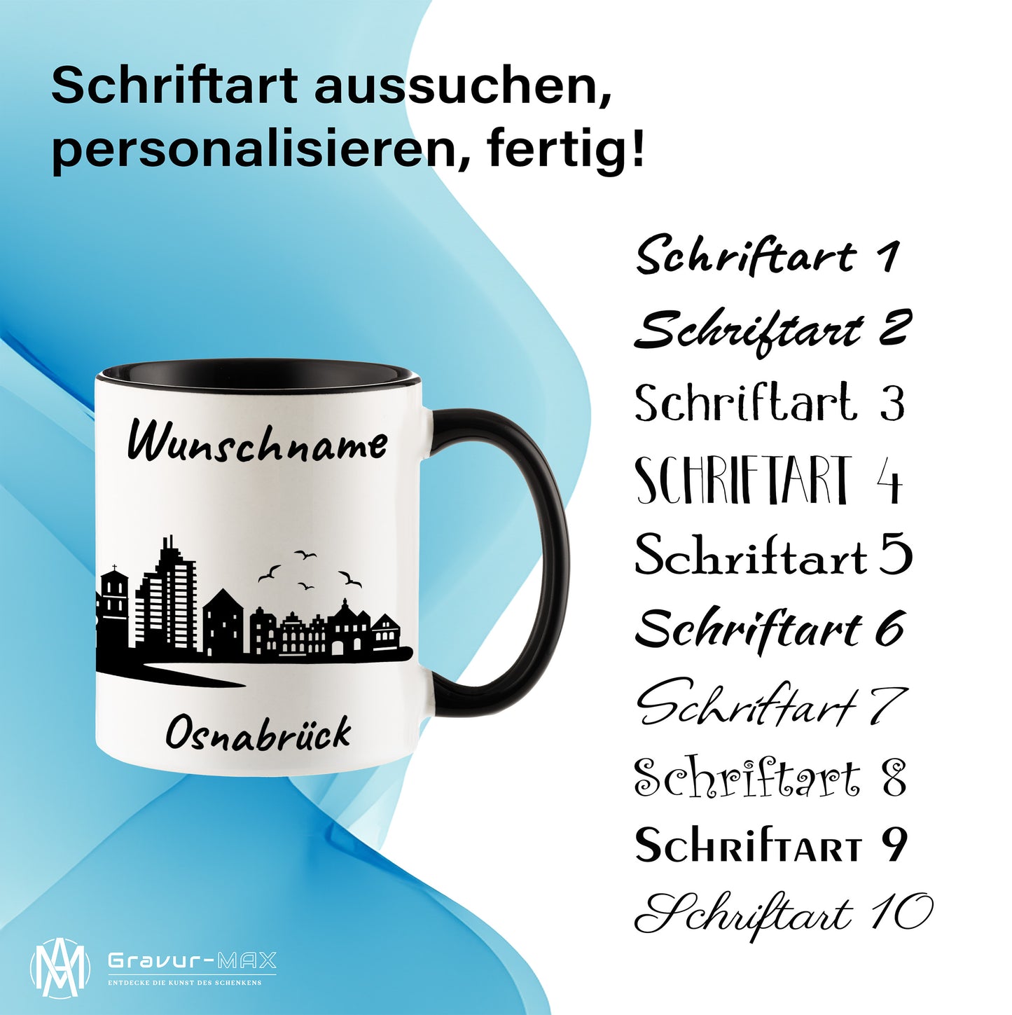 Tasse in Schwarz 330ml bedruckt mit der Skyline von Osnabrück personalisierbar mit Wunschname