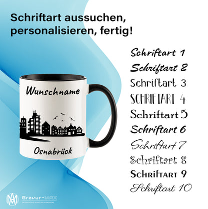 Tasse in Schwarz 330ml bedruckt mit der Skyline von Osnabrück personalisierbar mit Wunschname