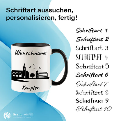 Tasse in Schwarz 330ml bedruckt mit der Skyline von Kempten personalisierbar mit Wunschname