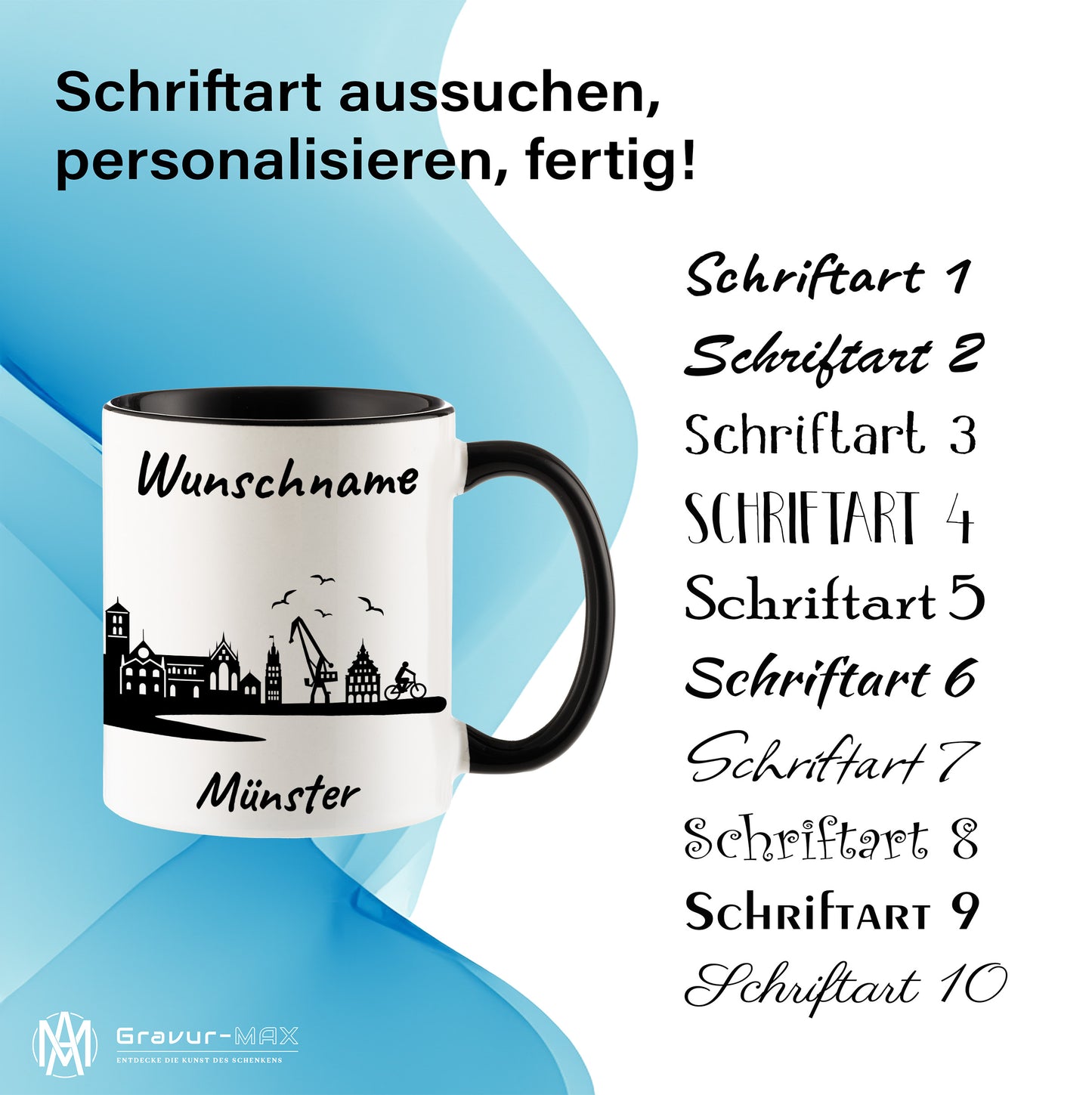 Tasse in Schwarz 330ml bedruckt mit der Skyline von Münster personalisierbar mit Wunschname