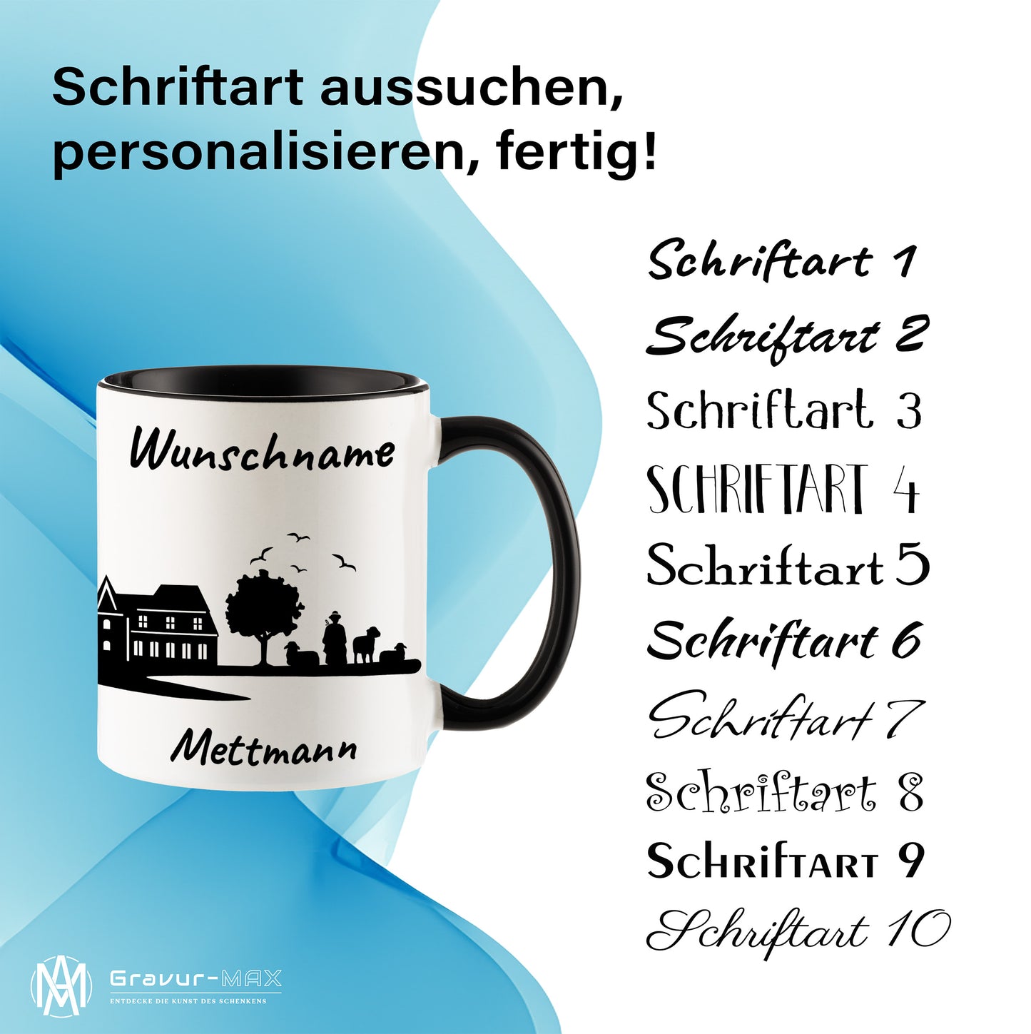 Tasse in Schwarz 330ml bedruckt mit der Skyline von Mettmann personalisierbar mit Wunschname