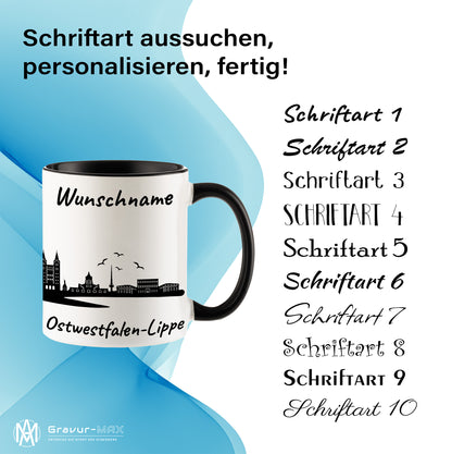 Tasse in Schwarz 330ml bedruckt mit der Skyline von Ostwestfalen-Lippe personalisierbar mit Wunschname