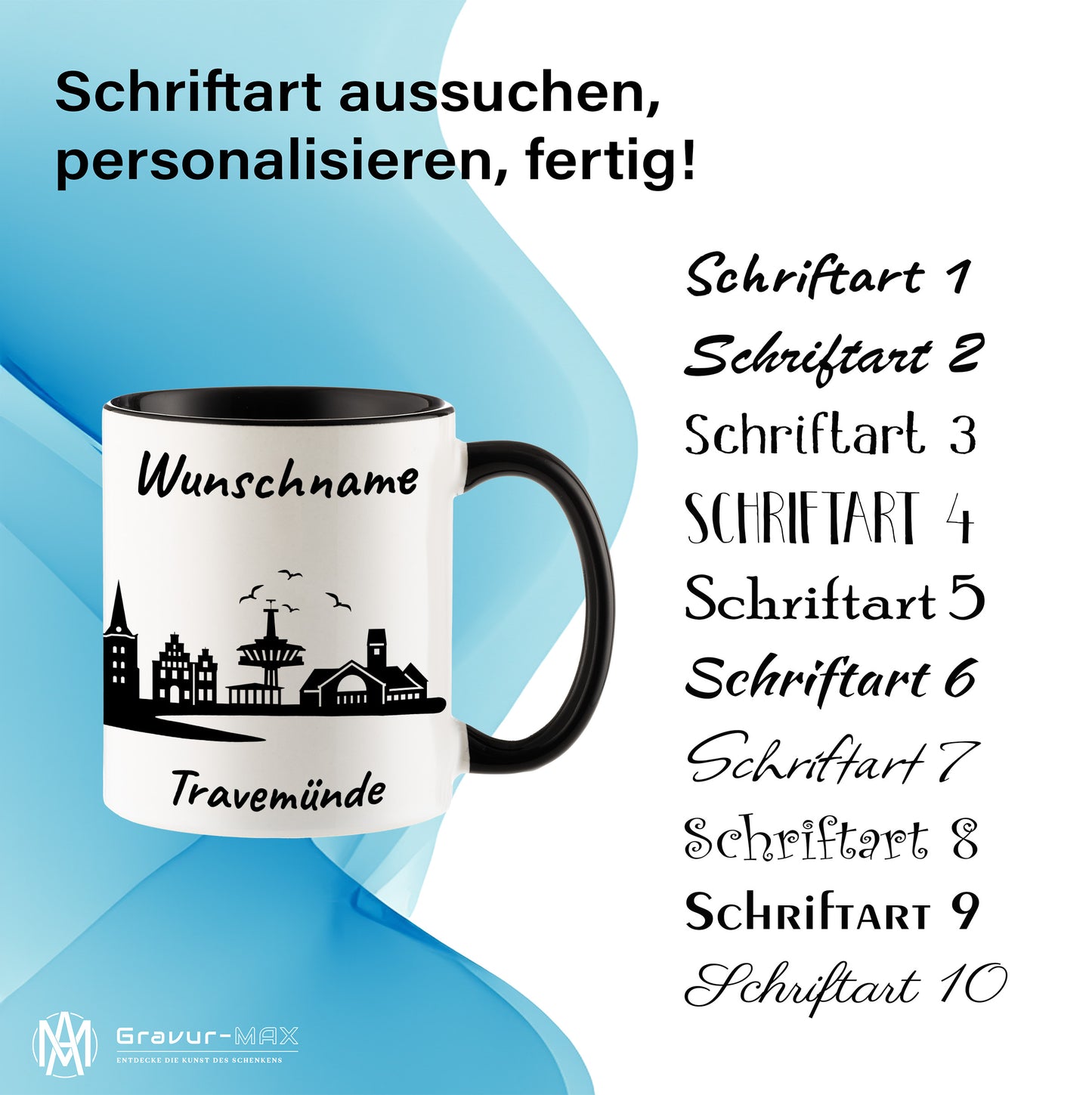 Tasse in Schwarz 330ml bedruckt mit der Skyline von Travemünde personalisierbar mit Wunschname