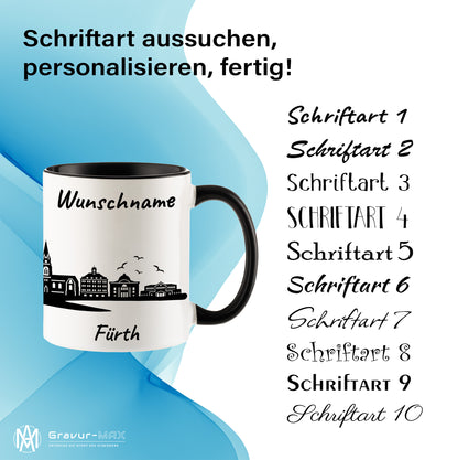 Tasse in Schwarz 330ml bedruckt mit der Skyline von Fürth personalisierbar mit Wunschname