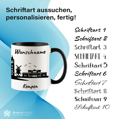 Tasse in Schwarz 330ml bedruckt mit der Skyline von Kempen personalisierbar mit Wunschname
